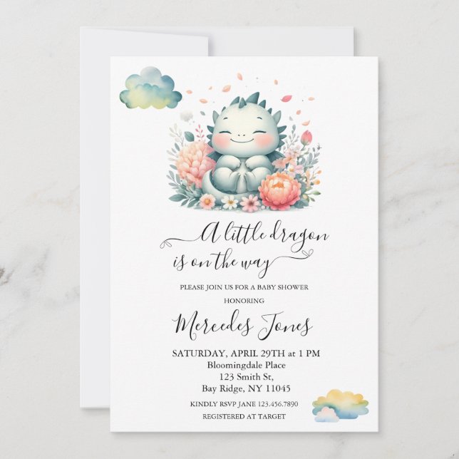 Watercolor Baby Dragon With Flowers and Butterfly  Invitation (Front)