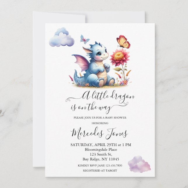 Watercolor Baby Dragon With Flowers and Butterfly  Invitation (Front)