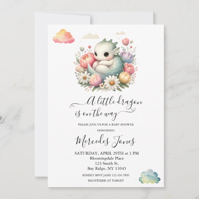 Watercolor Baby Dragon With Flowers Rainbow Art  Invitation (Front)