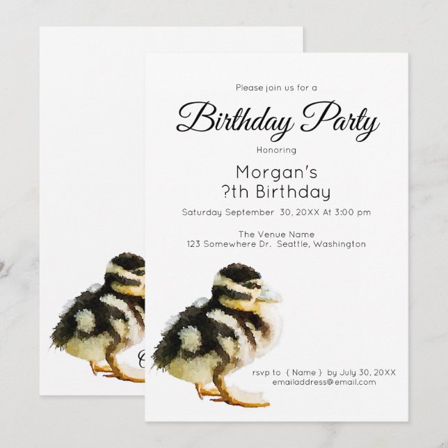 Watercolor Baby Duck Birthday Party Invitation (Front/Back)