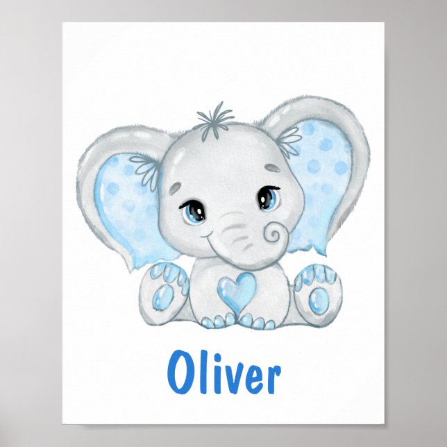 Watercolor Baby Elephant Blue Boy Nursery Poster (Front)