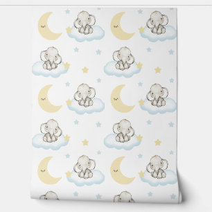 Watercolor Baby Elephant Clouds Stars Sleepy Moon  Wallpaper