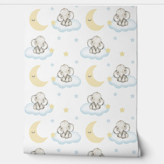 Watercolor Baby Elephant Clouds Stars Sleepy Moon Wallpaper