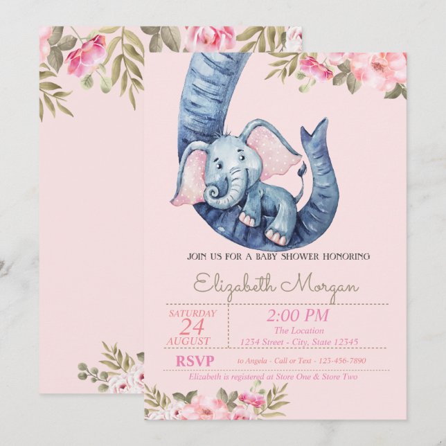 Watercolor Baby Elephant, Floral Baby Shower Invitation (Front/Back)