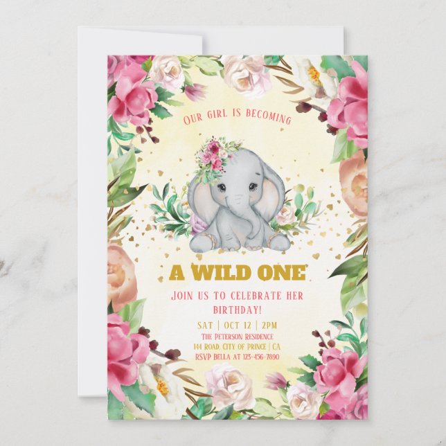 Watercolor Baby Elephant Flowers Girl Birthday Invitation (Front)