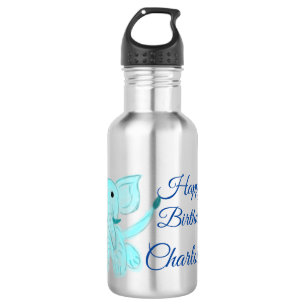 Watercolor baby elephant happy birthday add name 532 ml water bottle