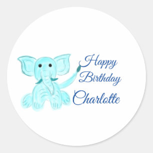 Watercolor baby elephant happy birthday add name  classic round sticker