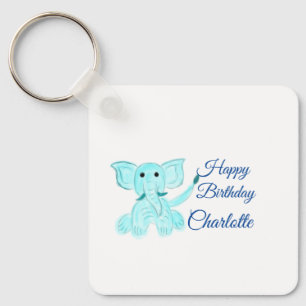 Watercolor baby elephant happy birthday add name key ring