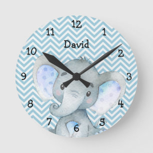 Watercolor Baby Elephant Jungle Boy Nursery Round Clock