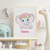 Watercolor Baby Elephant Pink Floral Girl Nursery 