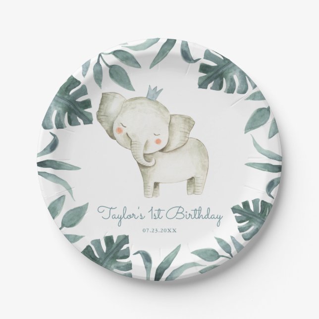Watercolor Baby Elephant Prince Tropical Birthday Paper Plate (Front)