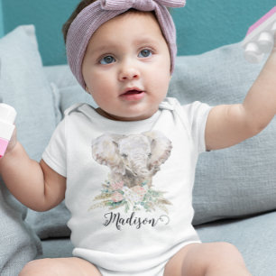 Watercolor Baby Elephant Tropical Boho  Bodysuit