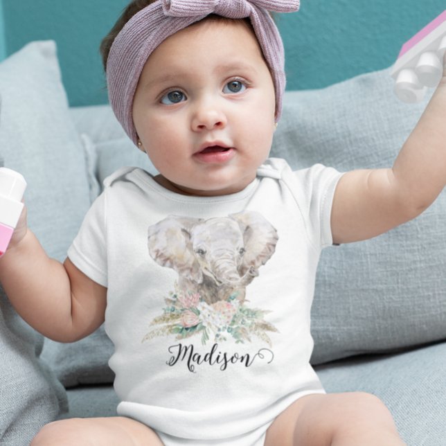 Watercolor Baby Elephant Tropical Boho  Bodysuit (Creator Uploaded)