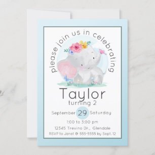 Watercolor Baby Elephant with Flowers Birthday Invitation