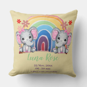 Watercolor Baby Elephants with Rainbow Birth Stats Cushion