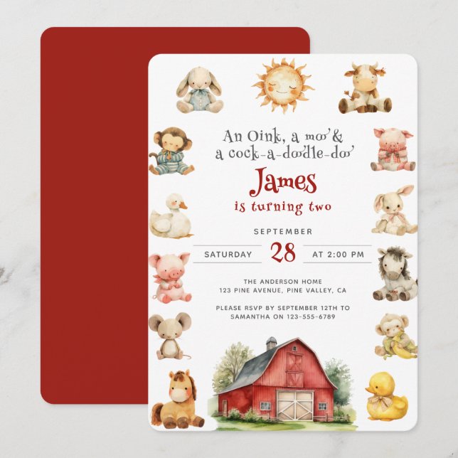 Watercolor Baby Farm Animals 2nd Birthday Party Invitation (Front/Back)