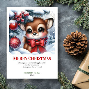 Watercolor Baby Fawn Christmas Scene Cozy Greeting Holiday Card