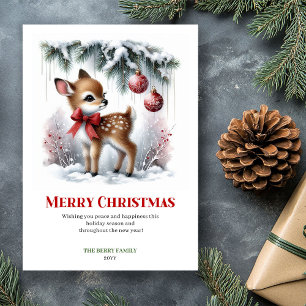 Watercolor Baby Fawn Christmas Scene Cozy Greeting Holiday Card
