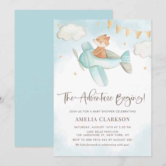 Watercolor Baby Fox Aeroplane Blue Baby Shower Invitation (Front/Back)