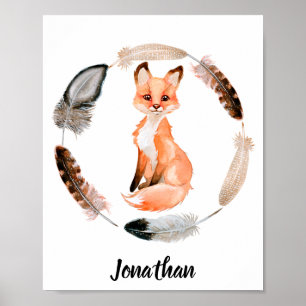 Watercolor Baby Fox Nursery Child  Personalised Poster