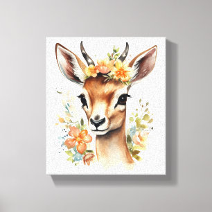 Watercolor Baby Gazelle with Flowers Canvas Print
