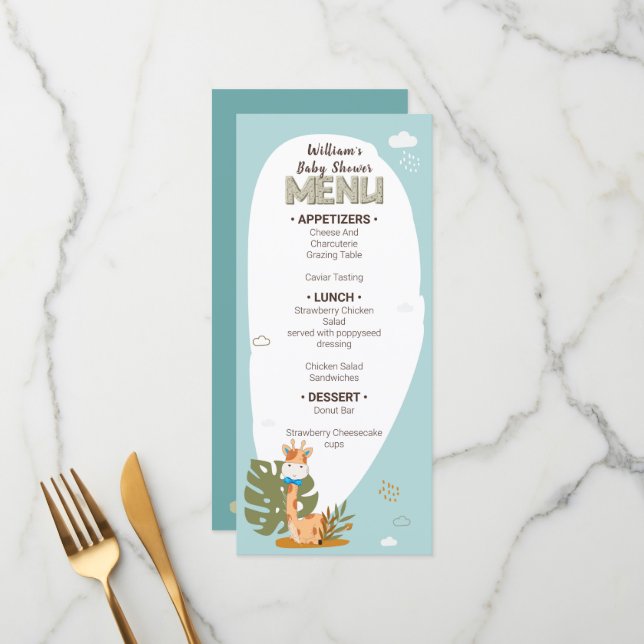 Watercolor Baby Giraffe, Baby Shower  Menu (Front/Back In Situ)