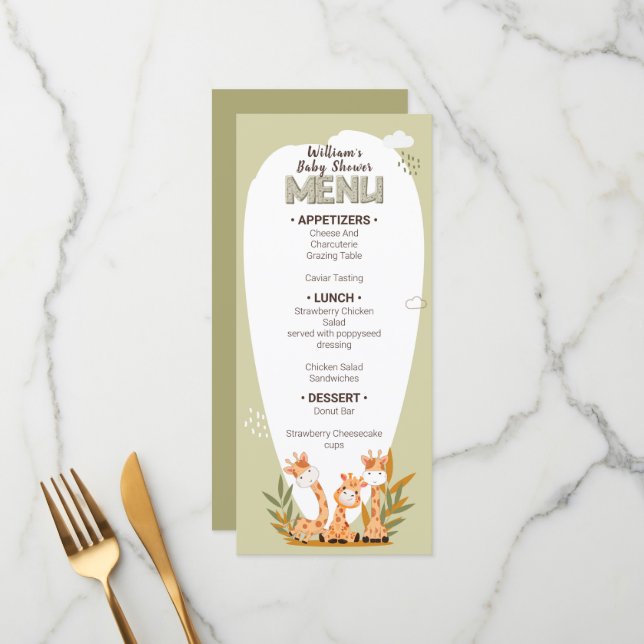 Watercolor Baby Giraffe, Baby Shower  Menu (Front/Back In Situ)