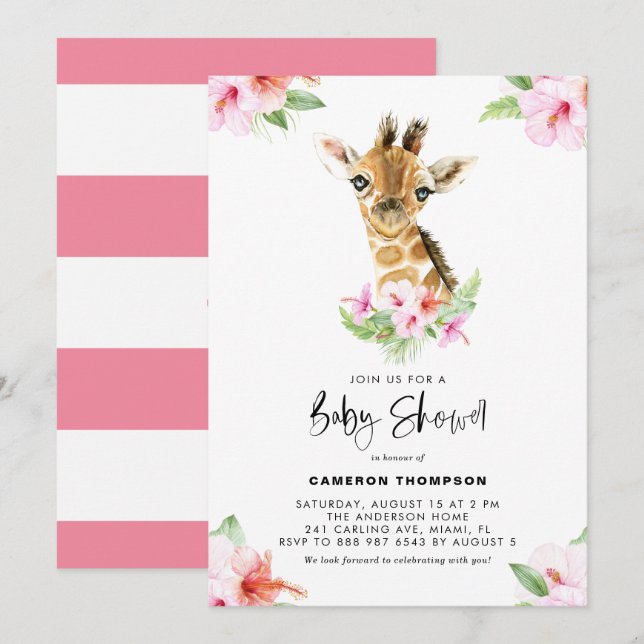 Watercolor Baby Giraffe Pink Hibiscus Baby Shower Invitation (Front/Back)