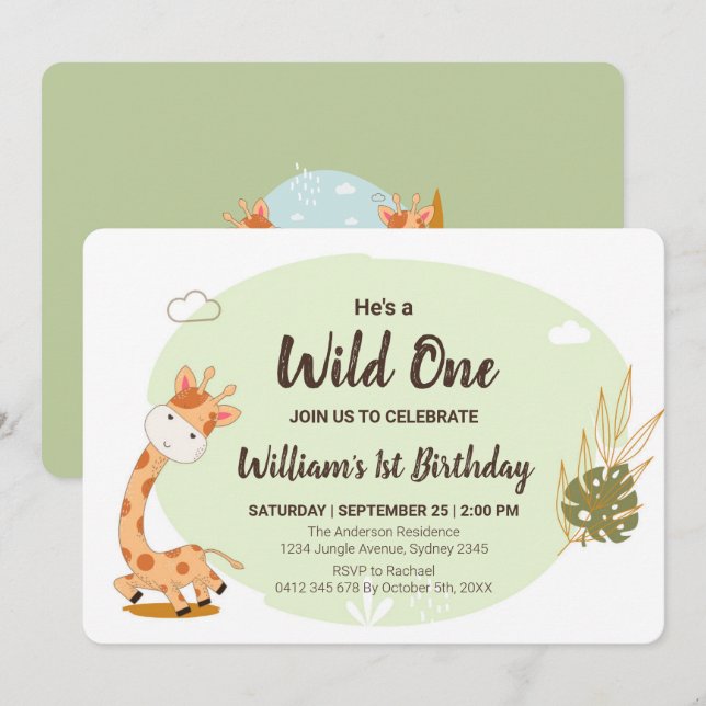 Watercolor Baby Giraffe, Safari Animals Birthday Invitation (Front/Back)