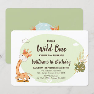 Watercolor Baby Giraffe, Safari Animals Birthday Invitation