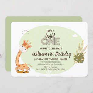 Watercolor Baby Giraffe, Safari Animals Birthday Invitation