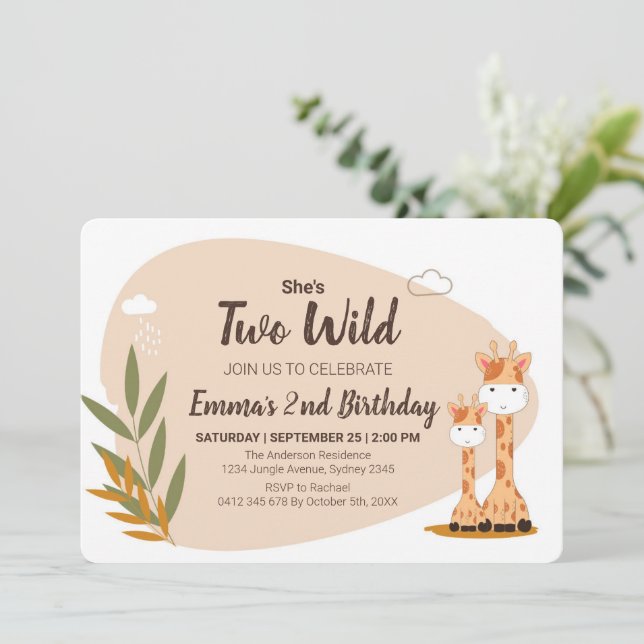 Watercolor Baby Giraffe, Safari Animals Birthday Invitation (Standing Front)