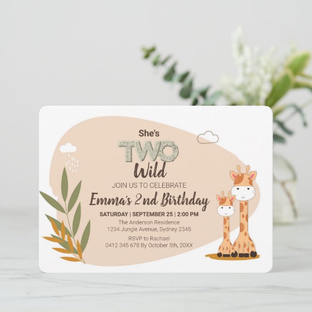 Watercolor Baby Giraffe, Safari Animals Birthday Invitation (Standing Front)