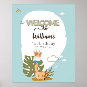 Watercolor Baby Giraffe, Safari Animals Birthday Poster