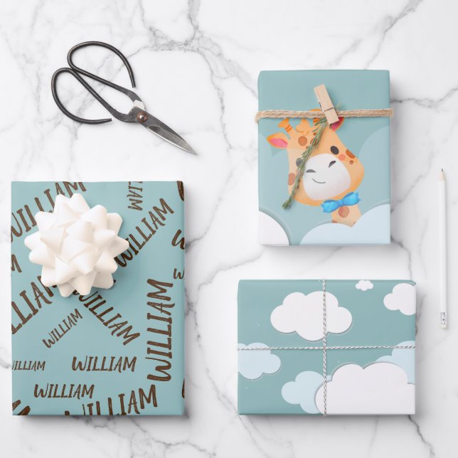 Watercolor Baby Giraffe, Safari Animals Birthday Wrapping Paper Sheet (Front)