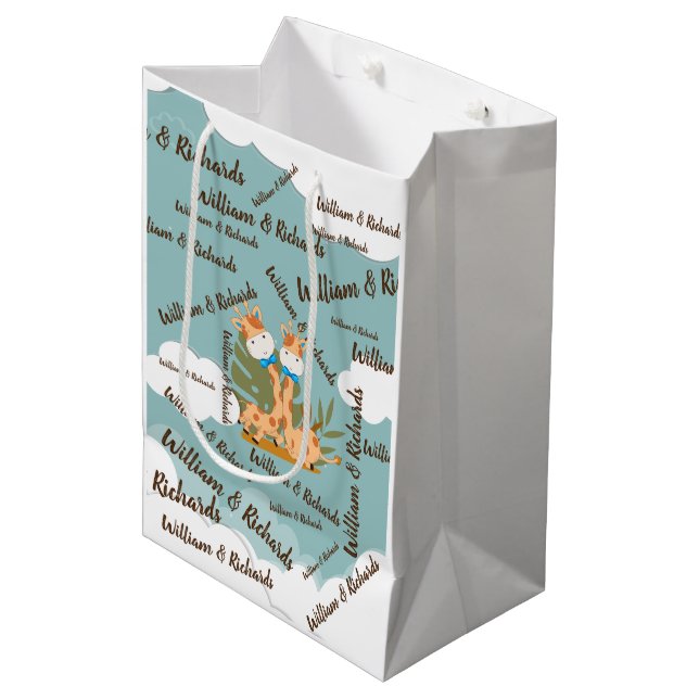 Watercolor Baby Giraffe, Safari Twins Birthday Medium Gift Bag (Front Angled)