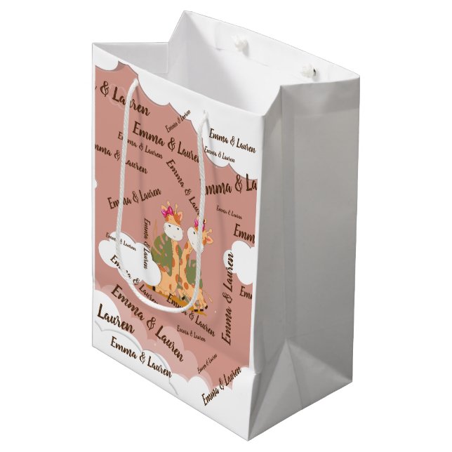 Watercolor Baby Giraffe, Safari Twins Birthday Medium Gift Bag (Front Angled)