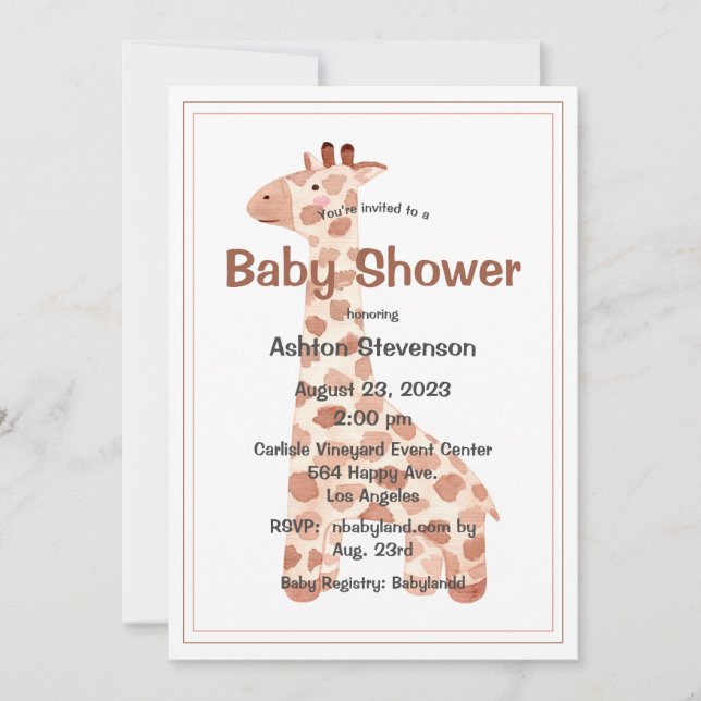 Watercolor Baby Giraffe Simple Baby Shower Invitation (Front)