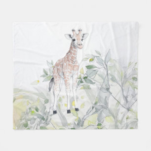 Watercolor Baby Giraffe with foliage Fleece Blanket