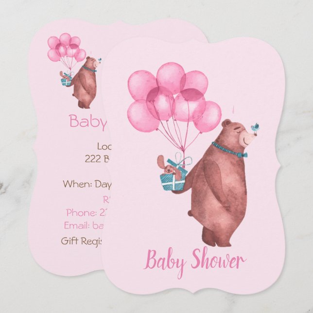 Watercolor Baby Girl Bear Balloons Invitation (Front/Back)