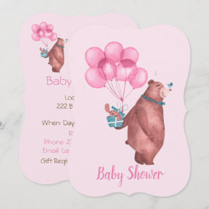 Watercolor Baby Girl Bear Balloons Invitation