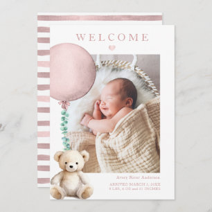 Watercolor Baby Girl Photo Birth Announcement 