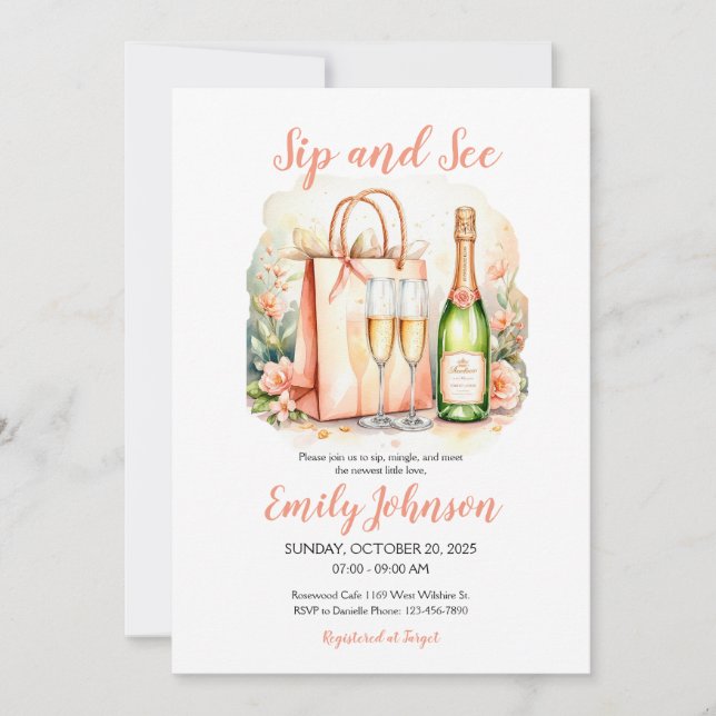 Watercolor Baby Girl Sip and See Invitation (Front)