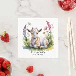 Watercolor Baby Goat with Wildflowers Baby Shower Napkin