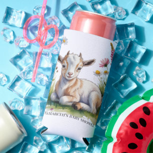 Watercolor Baby Goat with Wildflowers Baby Shower Seltzer Can Cooler