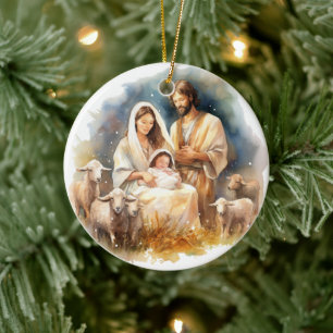 Watercolor Baby Jesus Christ with Mary and Joseph Ceramic Tree Decoration