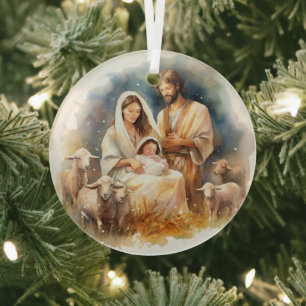 Watercolor Baby Jesus Christ with Mary and Joseph Glass Tree Decoration