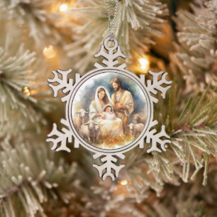 Watercolor Baby Jesus Christ with Mary and Joseph Snowflake Pewter Christmas Ornament