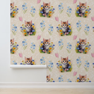 Watercolor Baby Kitten Cat Floral Butterfly Cream  Wallpaper