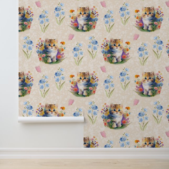 Watercolor Baby Kitten Cat Floral Butterfly Cream  Wallpaper (Application)